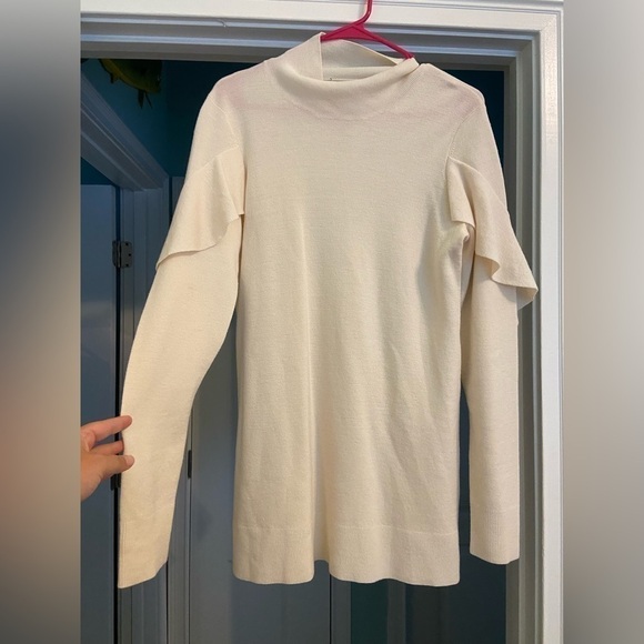 ELIE Tahari Kacey Mock Neck Riffle Trim Sweater 100% Merino Wool - Picture 2 of 7